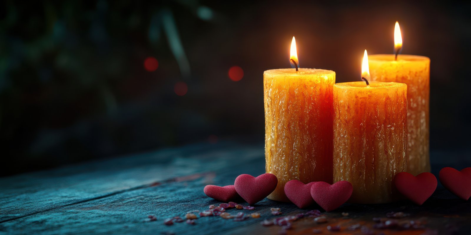 Three glowing candles surrounded by decorative hearts create a warm and romantic ambiance in a dimly lit setting